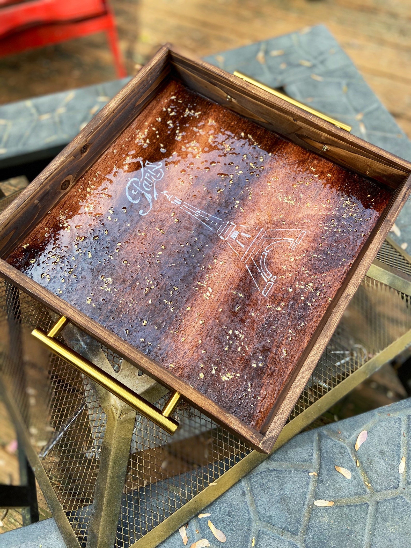 Beautiful Wood Serving Tray With Gold Handles Etsy
