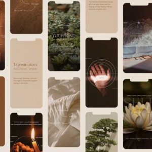 May include: A collection of digital phone screens with various designs and text. The screens feature images of plants, hands, a candle, and a lotus flower. The text on the screens includes "Spiritual Awakening", "Transmuters", "Types of Lightworkers", "Self Love", and "Strength".