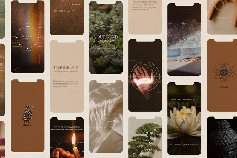 May include: A collection of digital phone screens with various designs and text. The screens feature images of plants, hands, a candle, and a lotus flower. The text on the screens includes "Spiritual Awakening", "Transmuters", "Types of Lightworkers", "Self Love", and "Strength".