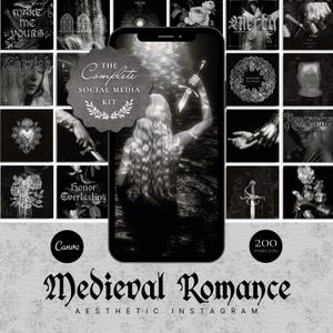 Medieval Romance Social Media Template Bundle, Dark Knightcore, Gothic Fantasy, Armor Lace Aesthetic, Sacred Feminine, Silver Branding Kit