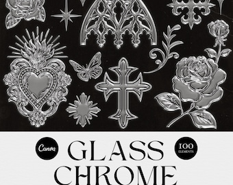 Gothic Medieval Glass Chrome Elements, Dark Knightcore, Fantasy, Sacred Hearts, Cathedral Windows, Crosses, Roses, Butterflies, Filigree