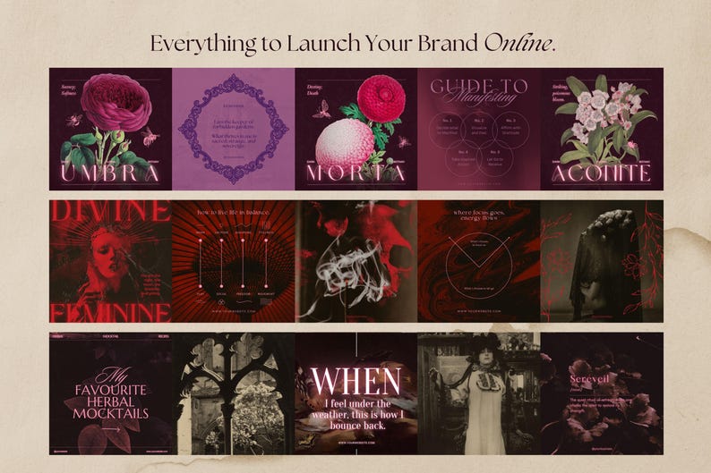 Create a feed that whispers of folklore, potions, and forgotten rituals. With 235+ unique templates, this Canva bundle blends spooky botanicals, occult motifs, and poetic depth for a beautifully haunted brand aesthetic.