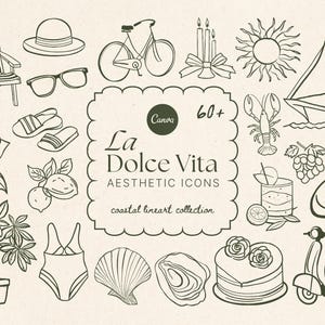 La Dolce Vita ästhetische Küsten-Lineart-Icons, französische Ästhetik an der französischen Riviera, Euro-Sommer-Illustrationen, rustikale Hochzeitseinladungs-Zeichnungen