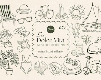 La Dolce Vita Aesthetic Coastal Lineart Icons, French Riviera Aesthetic PNGs, Euro Summer Illustrations, Rustic Wedding Invitation Drawings
