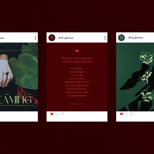 May include: Three Instagram posts with a dark aesthetic. The first features a hand with a ring, koi fish illustrations, and the word "DREAMING." The second has text on a red background. The third shows a silhouette with decorative elements.