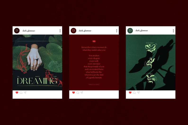 May include: Three Instagram posts with a dark aesthetic. The first features a hand with a ring, koi fish illustrations, and the word "DREAMING." The second has text on a red background. The third shows a silhouette with decorative elements.