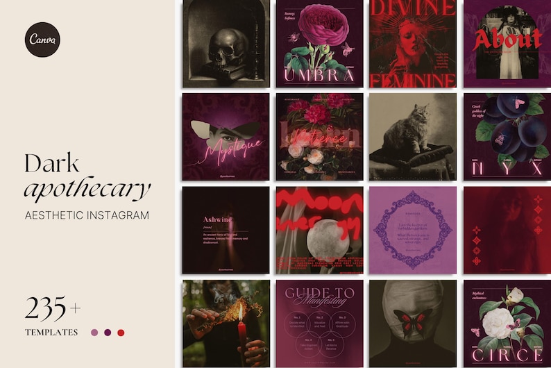 Evoking the haunted charm of forgotten potions and pressed herbs, this dark aesthetic Canva bundle includes over 235 templates in story, square, and portrait format—ideal for fantasy authors, dark brands, and mystical creators.