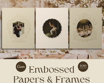 Embossed Paper Frames Canva Templates, Luxury Paper Backgrounds, Wedding Photography Mockup, Paper Texture Overlays, Soft Vintage Papers