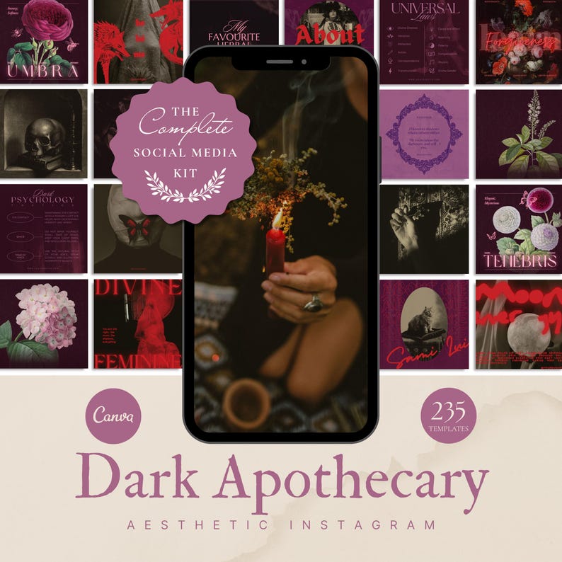 Unveil the mystique of dark herbalism with this Canva template bundle featuring 235+ unique designs. Inspired by Victorian apothecaries, occult botanicals, and witchy aesthetics, it’s perfect for content creators, authors, and spiritual brands with a love for shadow and style.