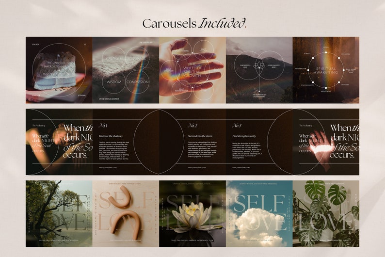 Ready to elevate your Instagram game? The "Spiritual Coach" bundle includes templates for posts, stories, and more, all designed to boost your brand's online visibility and create a lasting impact.