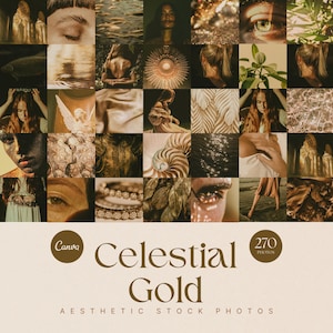 Celestial Gold Stockfoto-paket, Eterisk estetik, Antikguld, Andligt välbefinnande, Mörk fantasi, Ansiktslösa marknadsföringsrullomslag, Stämningsfullt