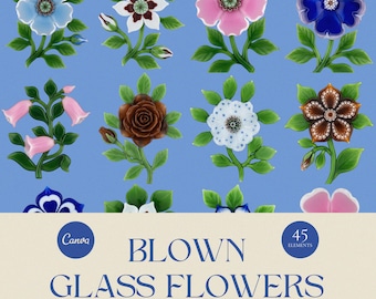 Blown Glass Flowers Collection, 45 PNG Pastel Floral Elements, Rococo Blossoms, French Glass Art, Coquette Aesthetic, Branding Design Assets