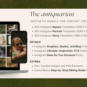 Step into sophistication with The Antiquarian. From vintage vibes to equestrian elegance, these 300 stunning Canva templates are fully customizable to match your brand identity or stand out with a classic aesthetic.