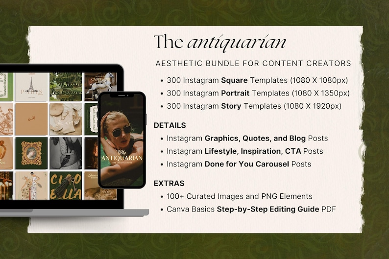 Step into sophistication with The Antiquarian. From vintage vibes to equestrian elegance, these 300 stunning Canva templates are fully customizable to match your brand identity or stand out with a classic aesthetic.