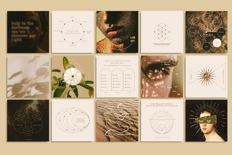 Perfect for creators, coaches, and entrepreneurs: 200 moody, mystical templates to transform your Instagram feed, Pinterest pins, or TikTok campaigns.