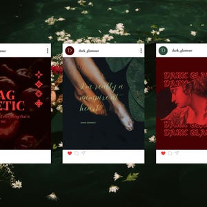 May include: Three Instagram posts with dark red and black themes. The first post says "I am MAGNETIC and attract everything that is meant for me." The second post says "I'm really a vampire at heart." The third post says "DARK GLAMOUR".