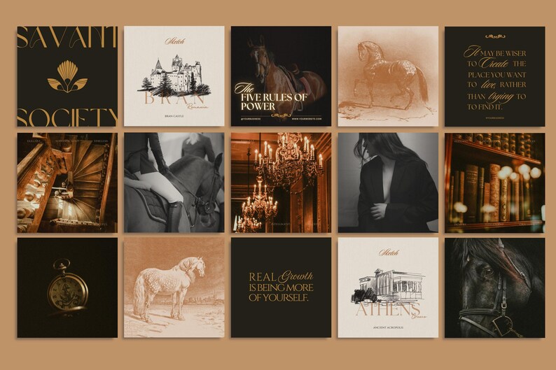 Busy content creators, meet your secret weapon: The Antiquarian. With designs inspired by vintage libraries and dressage elegance, these templates make it easy to post chic, scroll-stopping content every time.