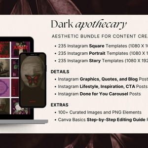 Step into a world of velvet shadows and ghostly parchment. These 235+ Canva templates merge gothic design with antique botanical illustrations, ideal for dark feminine brands, witchy creators, and storytellers of the strange and sacred.