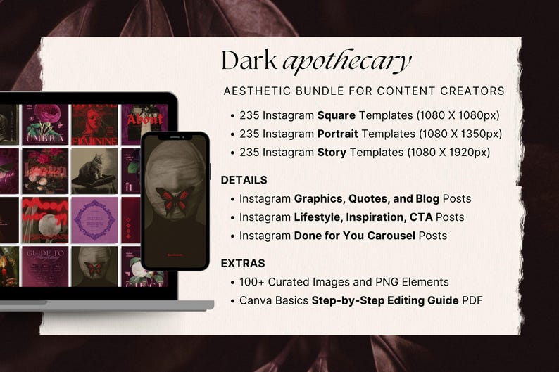 Step into a world of velvet shadows and ghostly parchment. These 235+ Canva templates merge gothic design with antique botanical illustrations, ideal for dark feminine brands, witchy creators, and storytellers of the strange and sacred.
