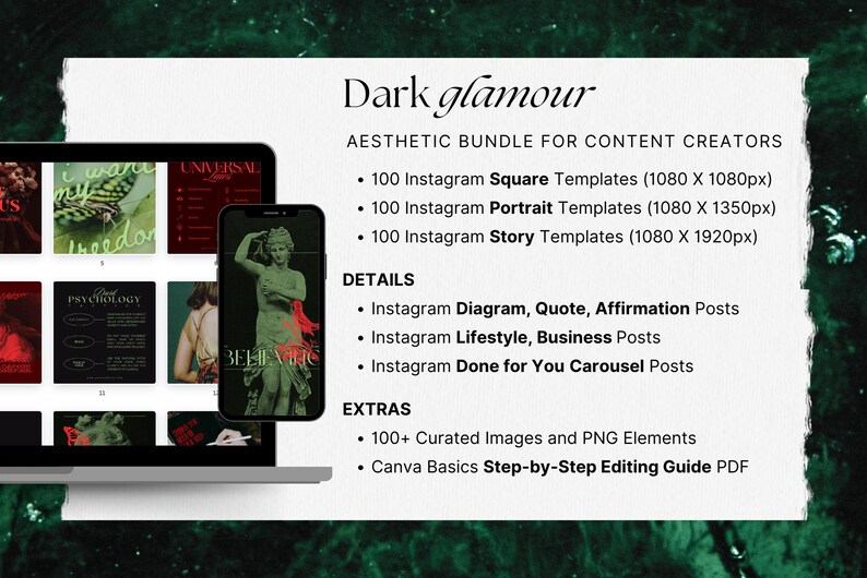 Dive into dark femininity with customizable Canva templates for posts, stories, and more.