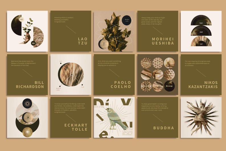 Create magical content effortlessly! This bundle offers 200 designs in square, portrait, and story formats, blending antique gold with ethereal aesthetics.