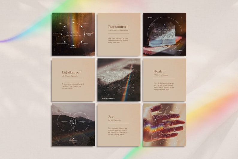 Unlock 60 unique designs in three sizes with the "Spiritual Coach" bundle. Create stunning Instagram posts and stories that reflect your brand's natural, boho aesthetic, and engage your audience with ease.