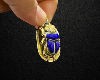 Unique Scarab Necklace Ancient Egyptian Amulet Pendant Gold Brass-Tone Revival Jewelry Symbol of Protection and Rebirth Made In Egypt