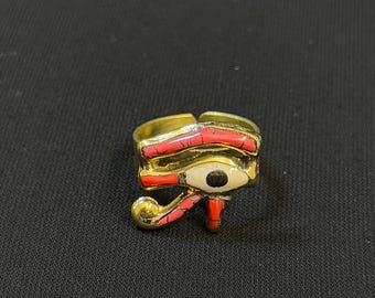 ホルス神の目モチーフの調節可能なリング - 銅製シルバーメッキの 