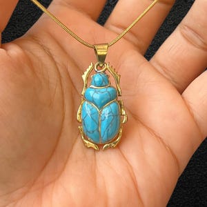 Turquoise Egyptian Scarab Necklace | Golden Beetle Pendant | Ancient Protection Amulet | Symbol of Light & Rebirth | Handmade in Egypt