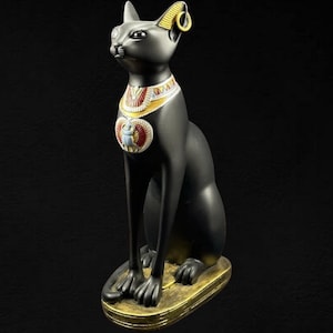 Unique goddess Bastet cat statue with scarab on her chest symbols handcrafted Egyptian altar historical replica Made In Egypt