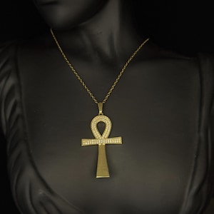 Gold Ankh Cross Necklace with Crystals Ancient Egyptian Life Symbol Pendant Sparkling Ankh Jewelry for Protection and Power Made In Egypt