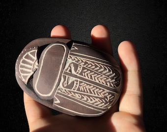 Handmade Stone Scarab Beetle Amulet: Egyptian Hieroglyphs, Luck and Protection