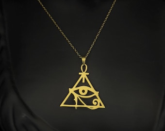 Golden Brass Eye of Horus Necklace, Triangle Pendant, Egyptian Jewelry Made In Egypt