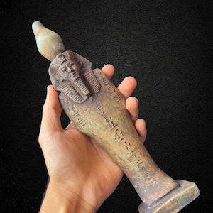 Tutankhamun Statue: Brown Pharaoh Bust Sculpture with Hieroglyphics