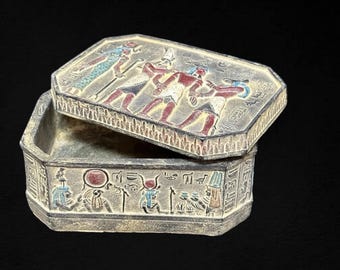 Engraved Stone Treasure Box: Handmade Egyptian Pharaohs & Gods Decor