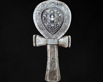 Handmade Ankh Statue: Egyptian Decor with Scarab & Hieroglyphs