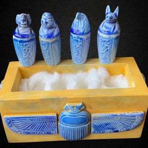 Egyptian Canopic Jar Treasure Box: Scarab Design, Miniature Guardian Jars