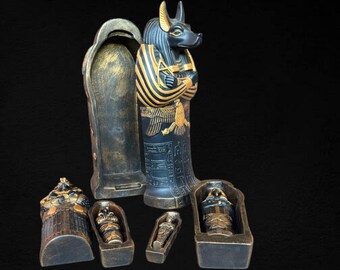 Anubis Sarcophagus with Egyptian Mummies Set Ancient Egyptian Collectible Handmade Statue unique Coffin Replica sculpture Made In Egypt