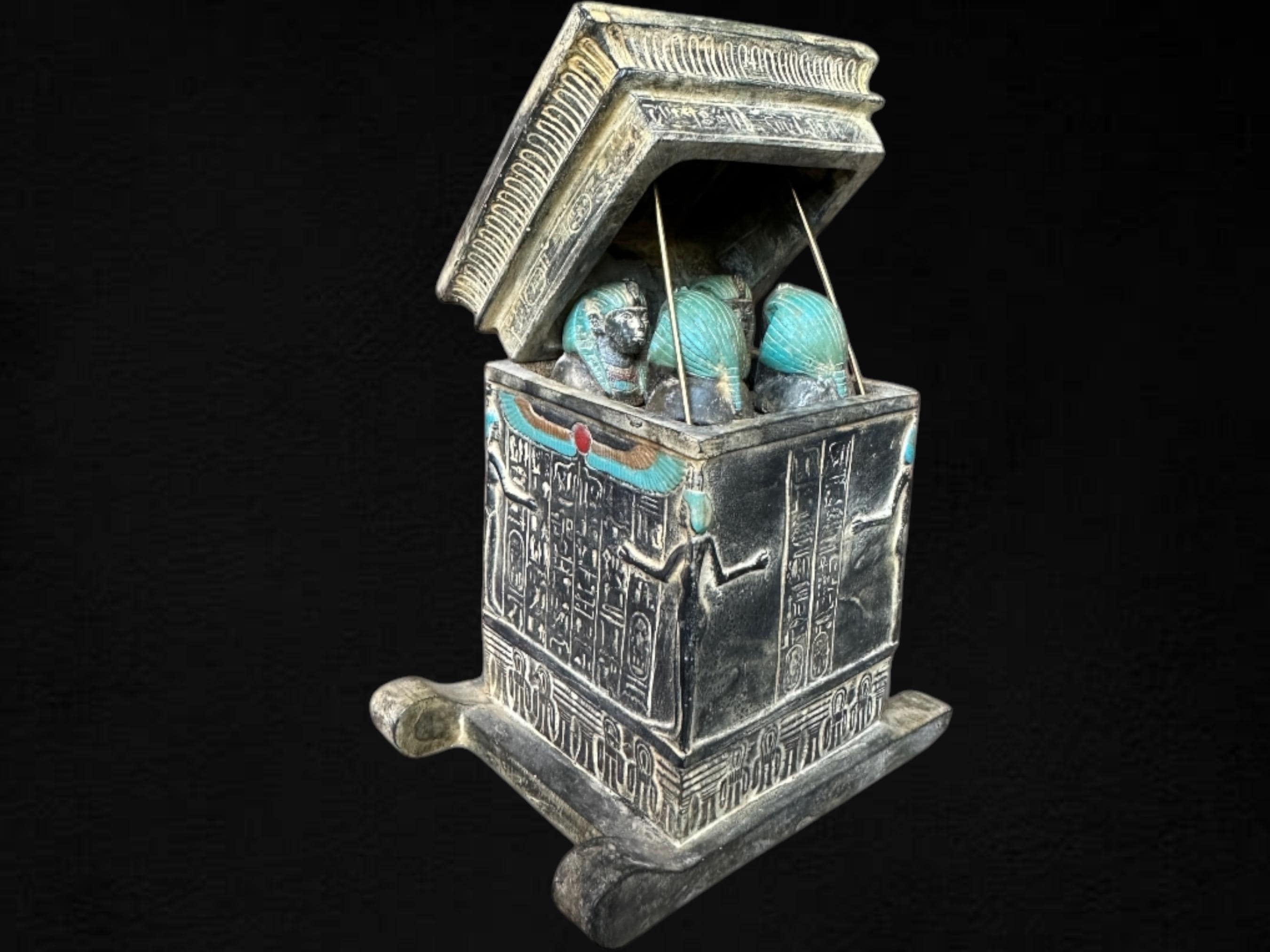 エジプトのカノプス壺：石の神像、ツタンカーメン王の棺のレプリカ