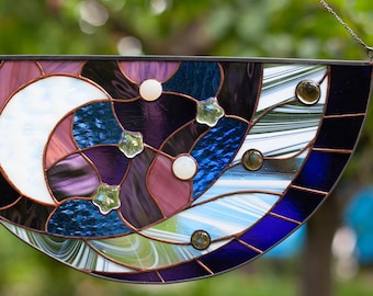Enchanting Blue Violet Moon & Stars Stained Glass Hanging Panel Suncatcher