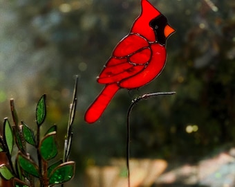 Handmade Stained Glass Cardinal Bird - Red Garden & Plant Pot Decoration