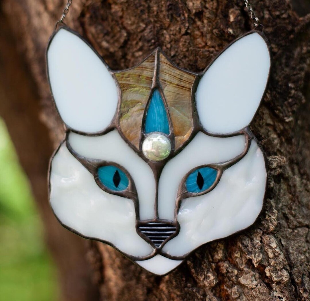 White Stained Glass Cat Suncatcher: Mystical Third Eye Window Hanging ...