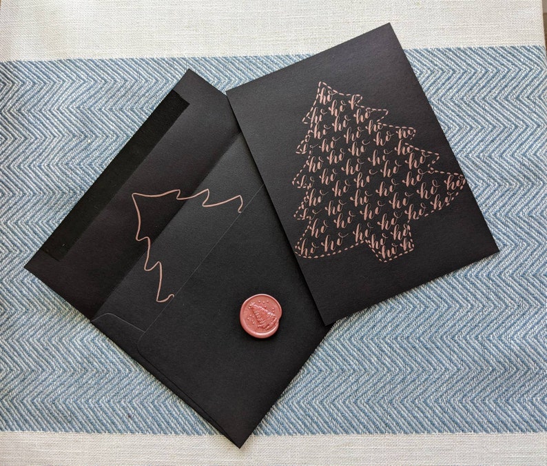 Christmas Tree Holidays Greeting Card with Calligraphy set of 4 cards red, green, gold, rose gold