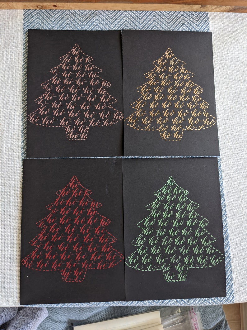 Christmas Tree Holidays Greeting Card with Calligraphy set of 4 cards red, green, gold, rose gold