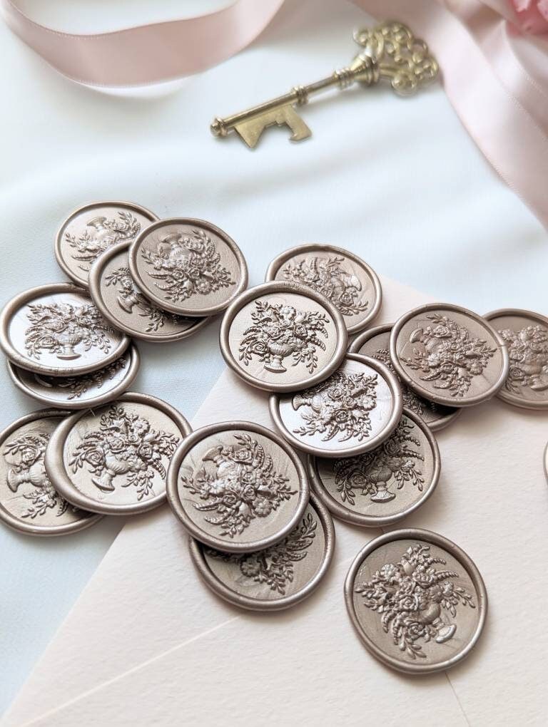 Vintage Floral Vase 3D Handmade Self-Adhesive Wax Seal Stickers/Peel & Stick Wax Seals/Invitation Wax Seals- Set of 25