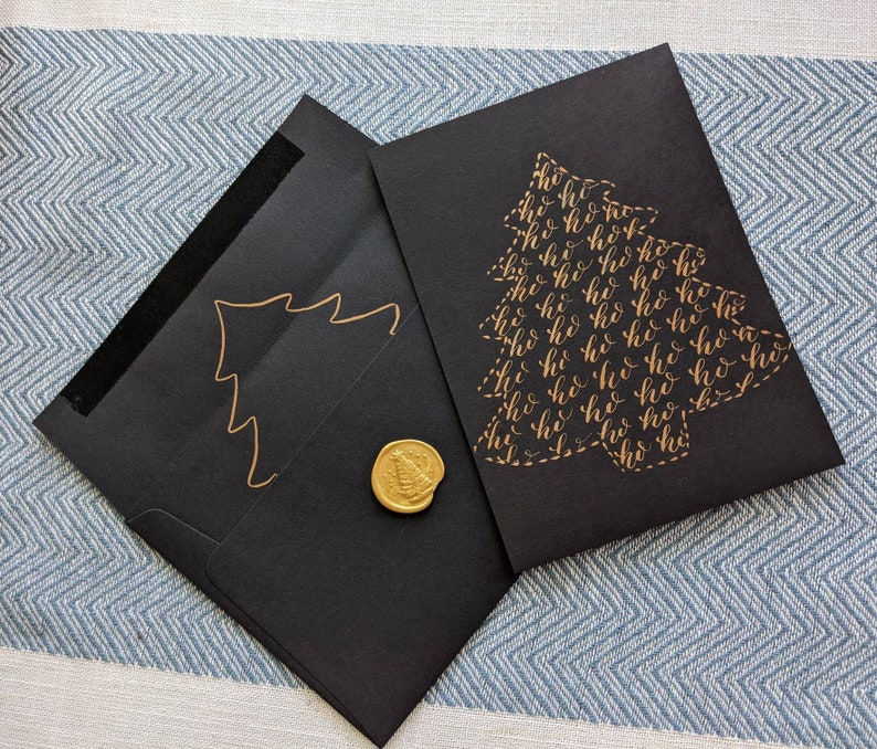 Christmas Tree Holidays Greeting Card with Calligraphy set of 4 cards red, green, gold, rose gold