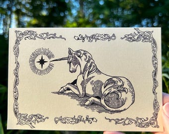 4x6 Print - Vintage Unicorn Woodcut Etching Style | Shimmery Pearlescent Whimsical Fantasy Print