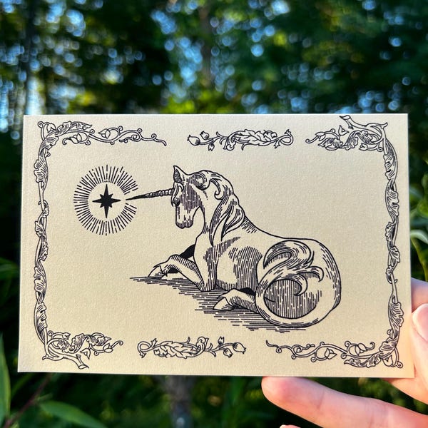 4x6 Print - Vintage Unicorn Woodcut Etching Style | Shimmery Pearlescent Whimsical Fantasy Print