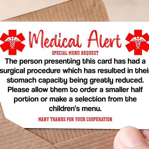 Bariatric Surgery Medical Alert Card Small Eaters Gastric Etsy
