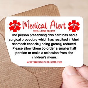Carte d'alerte médicale, demande de repas spécial pour chirurgie de pontage gastrique, VSG, Incontournables pour la chirurgie bariatrique, perte de poids, Gastric Warrior